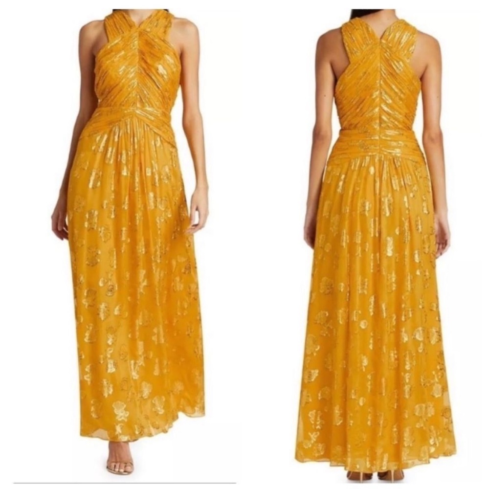 NWOT Ramy Brook Yellow Adrianna Metallic Halter silk 
Dress